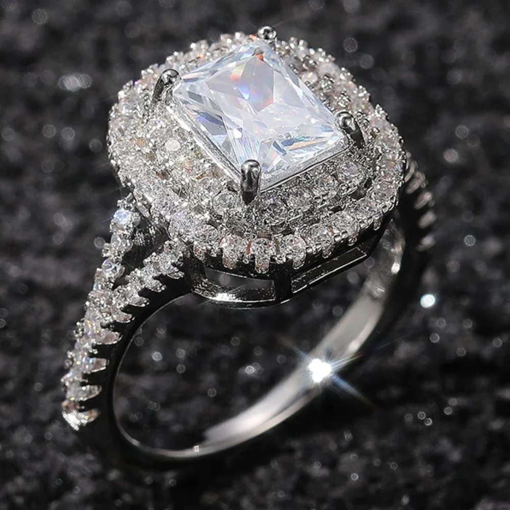🔥DOUBLE LAYER 14K WHITE GOLD RADIANT CUT PURE CZ LUXURY WEDDING RING, K856